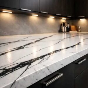 آشپزخانه با کابینت زمینی و دیواری تیره و صفحه کابینت کورین روشن با رگه‌های مشکی بلند